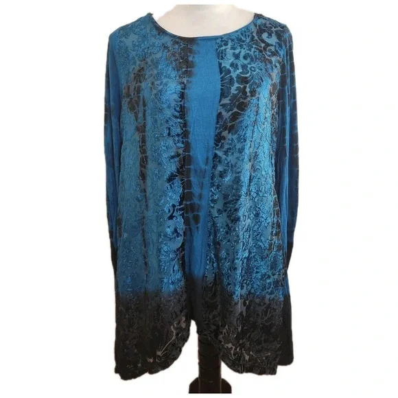 Chicos Zenergy 1 Women Velour Burnout Tunic Top Sz M Teal Long Sleeve Goth Boho - Picture 10 of 10
